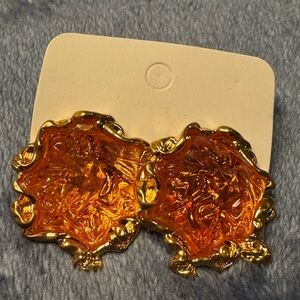 Ornate Gold and Orange Floral Earrings with Filigree Detailing